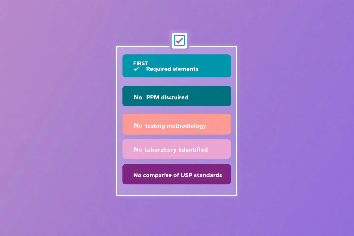 Editorial methodology-gap diagram showing one deep-teal verified element and five oxblood missing elements in a stacked structural row layout on a white newsroom data-desk ground