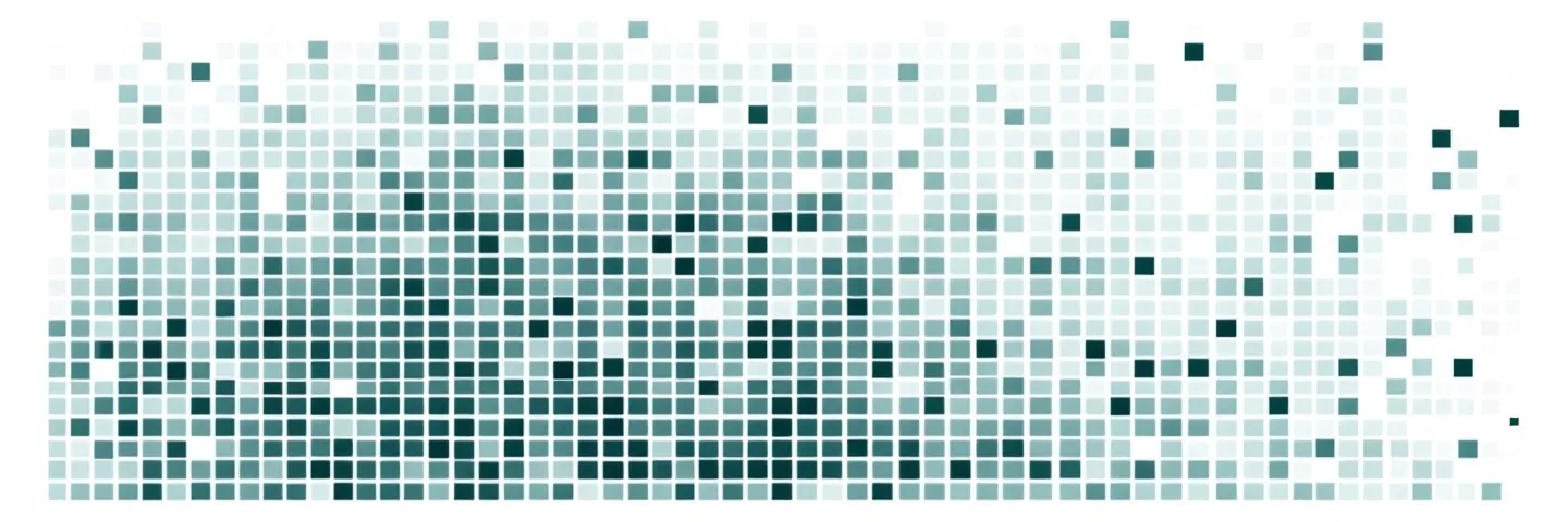 Dense matrix of approximately 200 deep-teal squares representing the public COA archive, with a small magnifying-glass outline overlapping the lower-right corner on a white newsroom data-desk ground